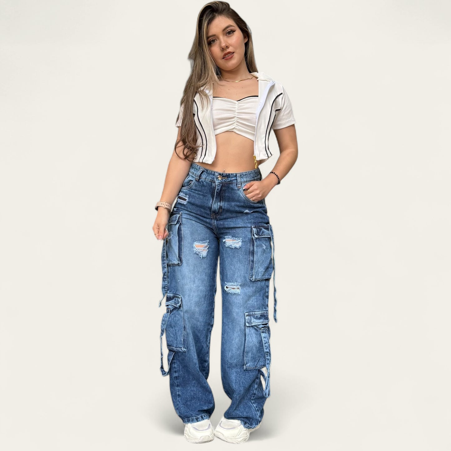 Jean cargo mujer tono azul medio