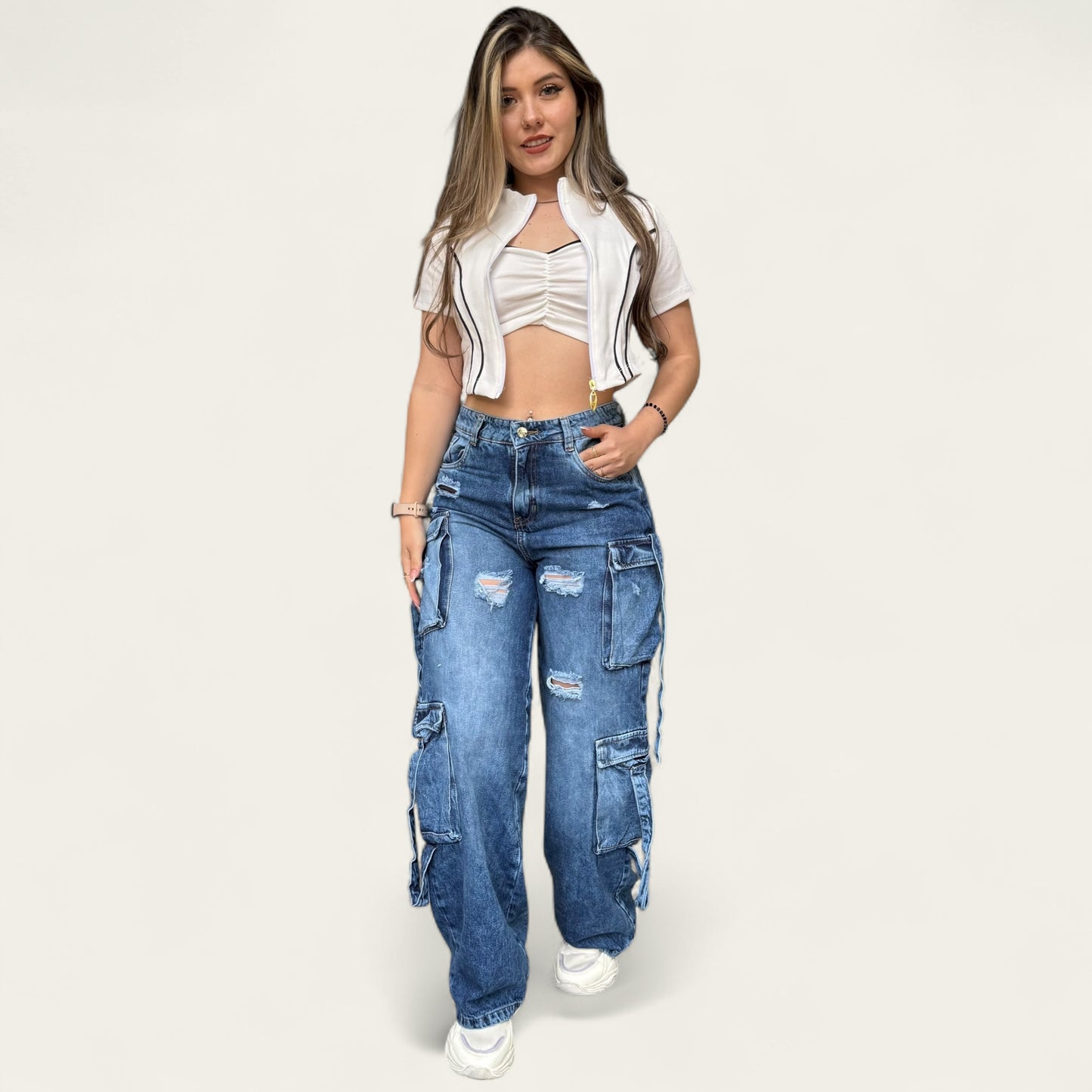 Jean cargo mujer tono azul medio