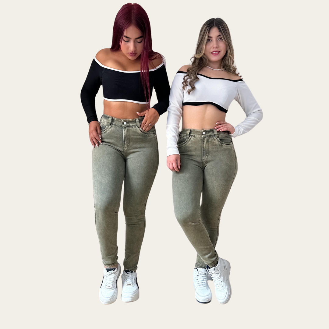 Jean Skinny Mujer tiro alto Tono verde