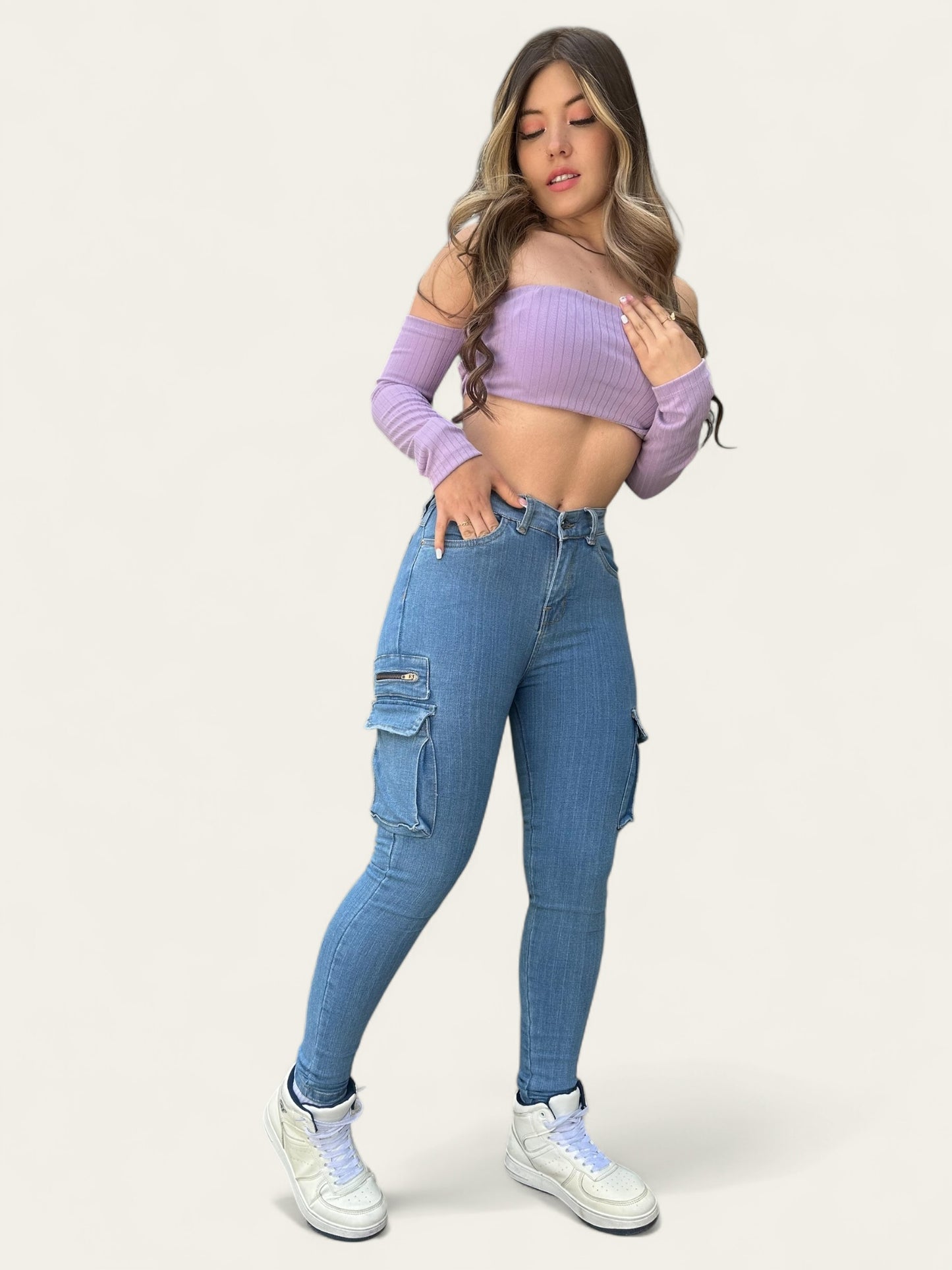 Jean skinny mujer tiro alto cargo tono claro