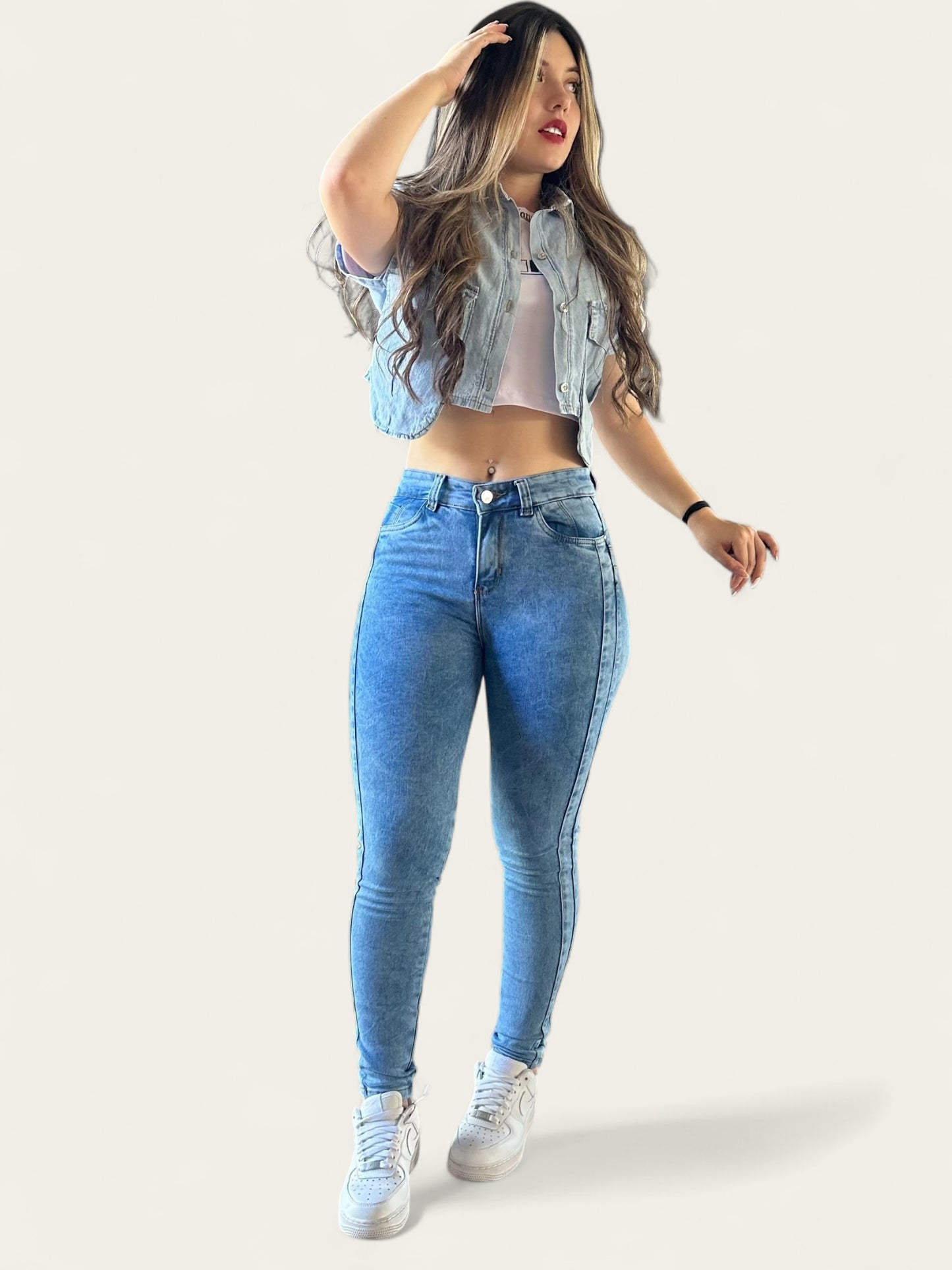 Jean skinny tiro alto mujer strech levanta cola tono azul fros