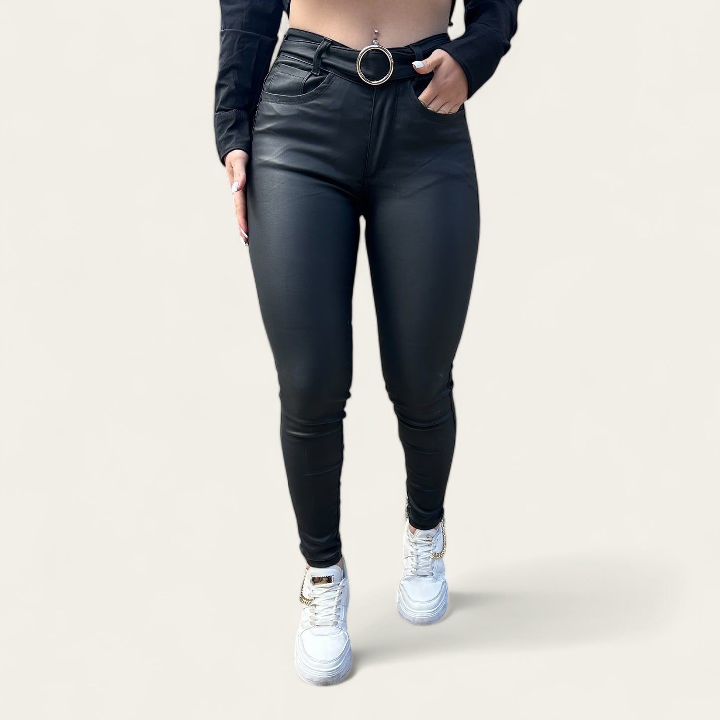 Pantalon Skinny Mujer tiro alto stretch Efecto cuero