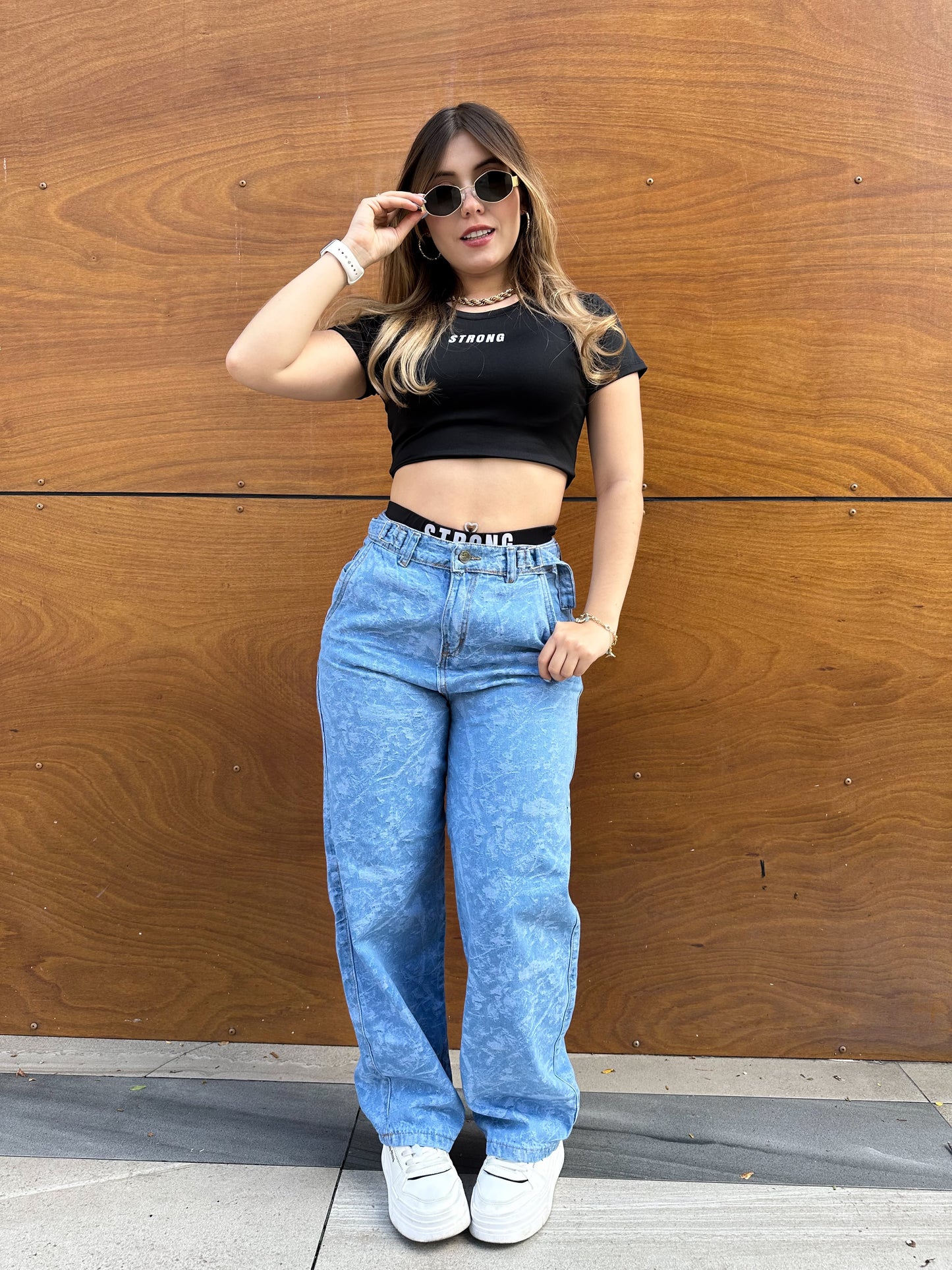 Jean baggy mujer estampado tono azul claro