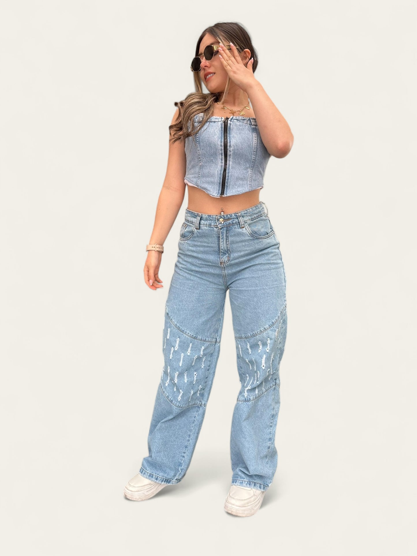 Jean wide leg tono azul claro