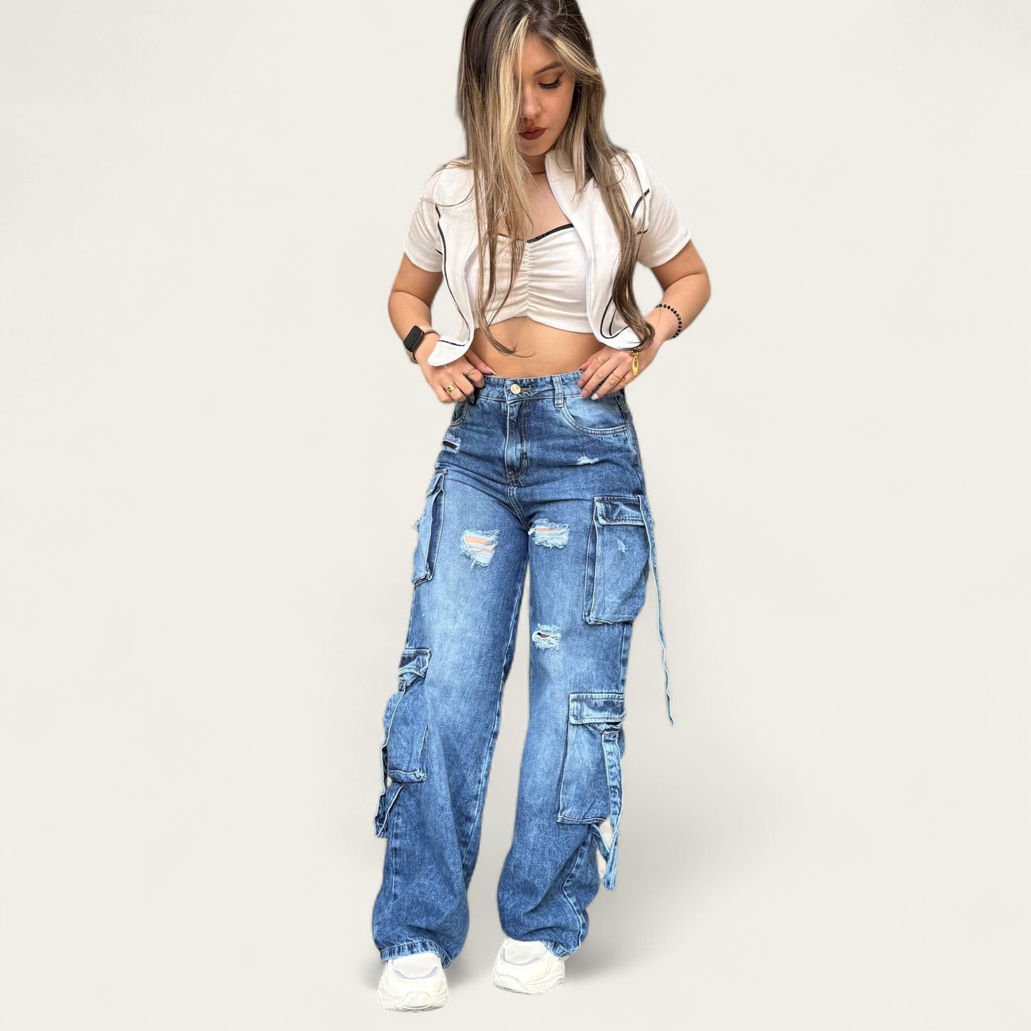 Jean cargo mujer tono azul medio