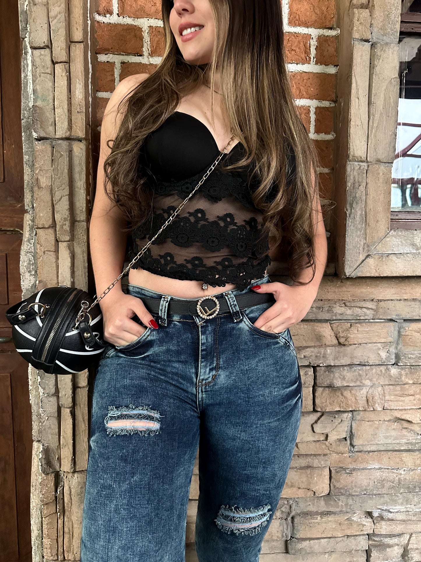 Jean skinny mujer tiro alto levanta cola tono azul con rotos