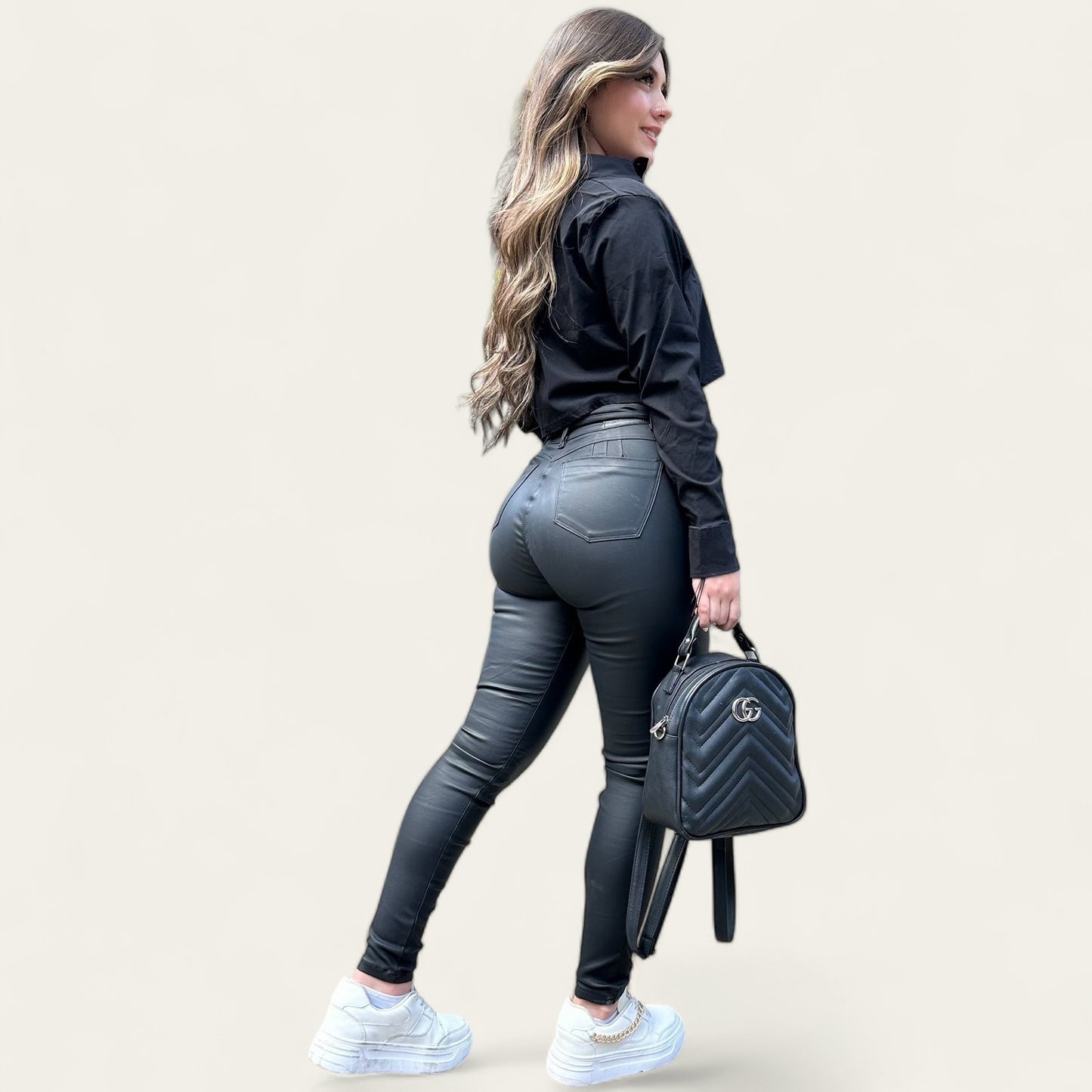 Pantalon Skinny Mujer tiro alto stretch Efecto cuero