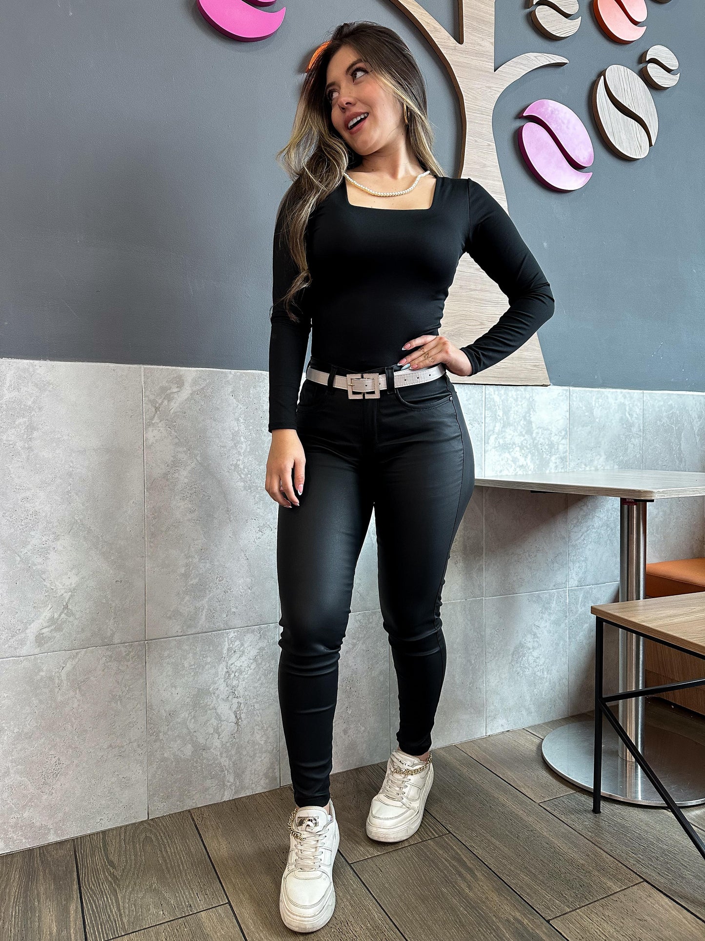 Pantalon Skinny Mujer tiro alto stretch Efecto cuero