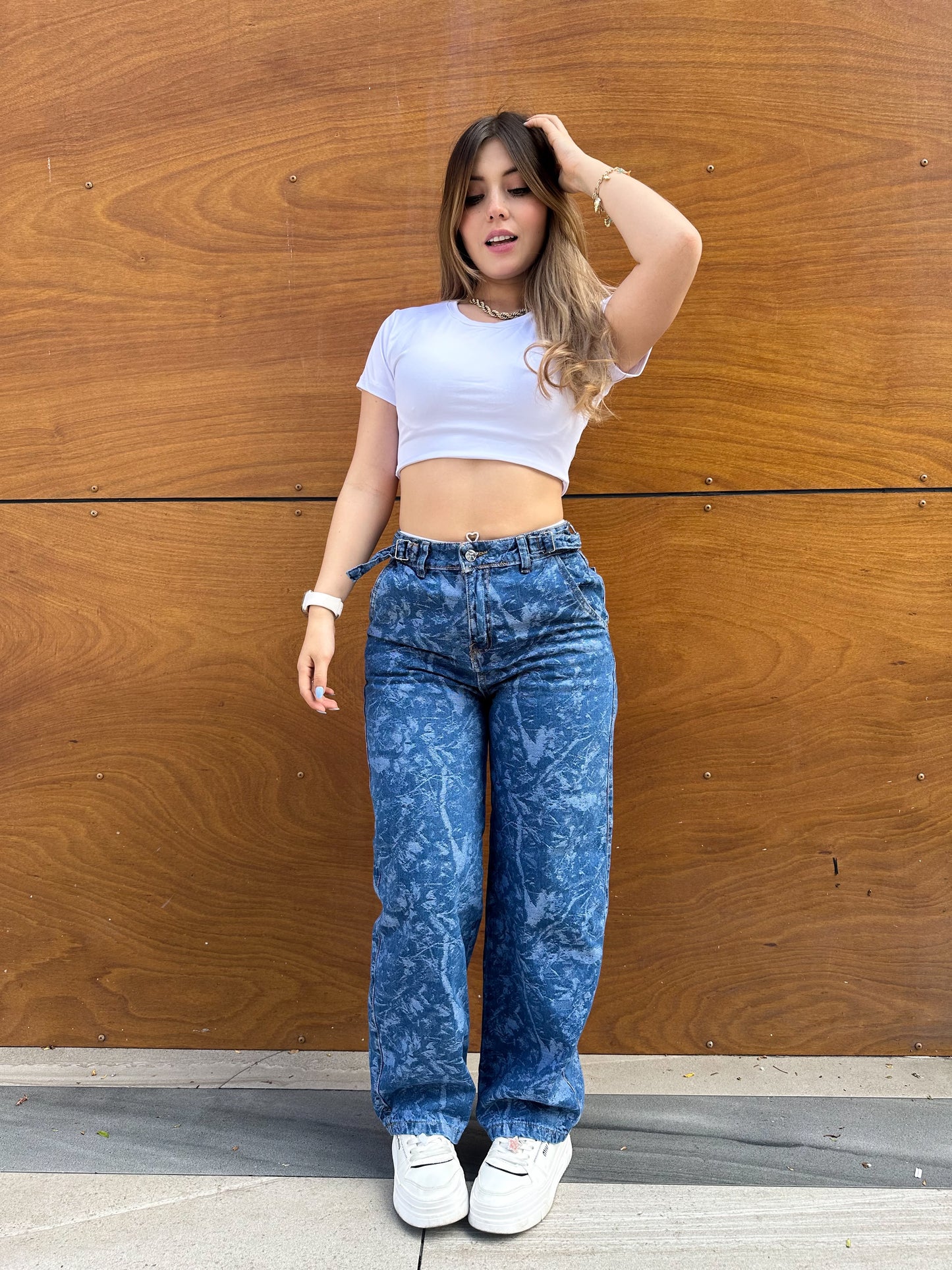 Jean baggy mujer estampado tono azul oscuro