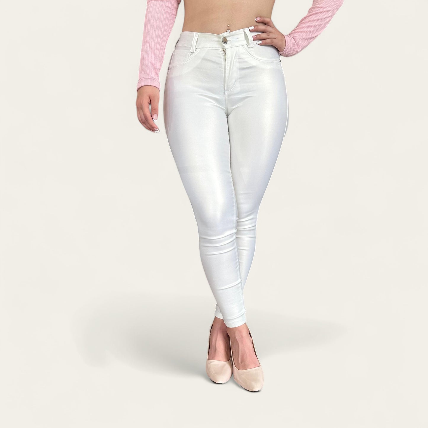 Pantalón skinny Mujer efecto cuero tiro alto tono blanco tornasol