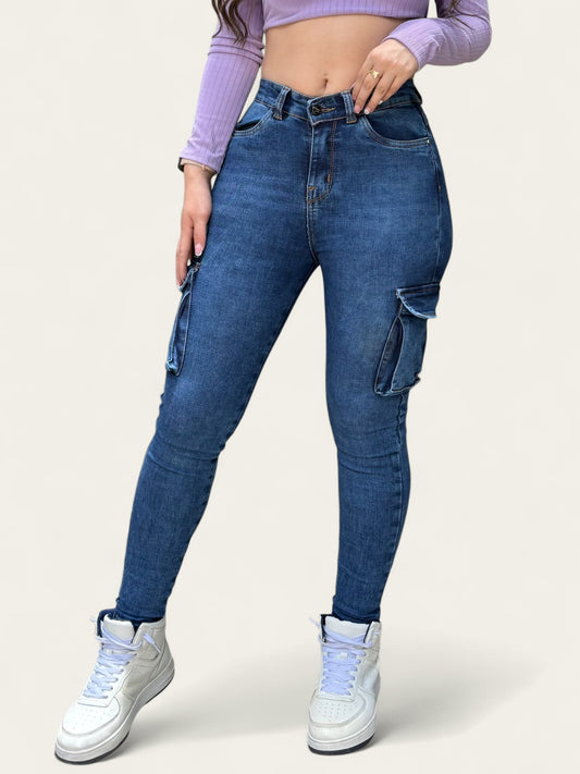 Jean skinny mujer tiro alto cargo tono oscuro