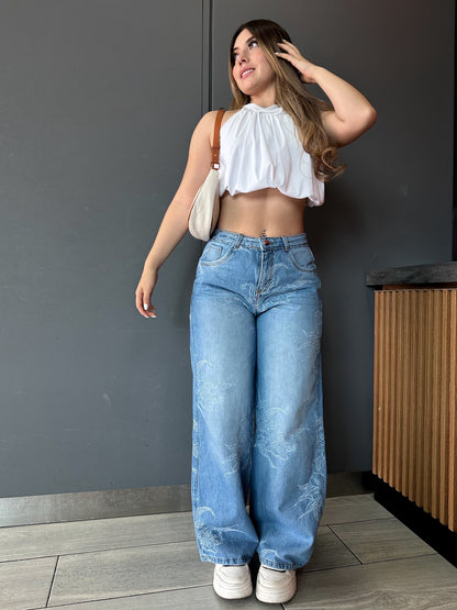 Jean wide leg mujer tela bordada