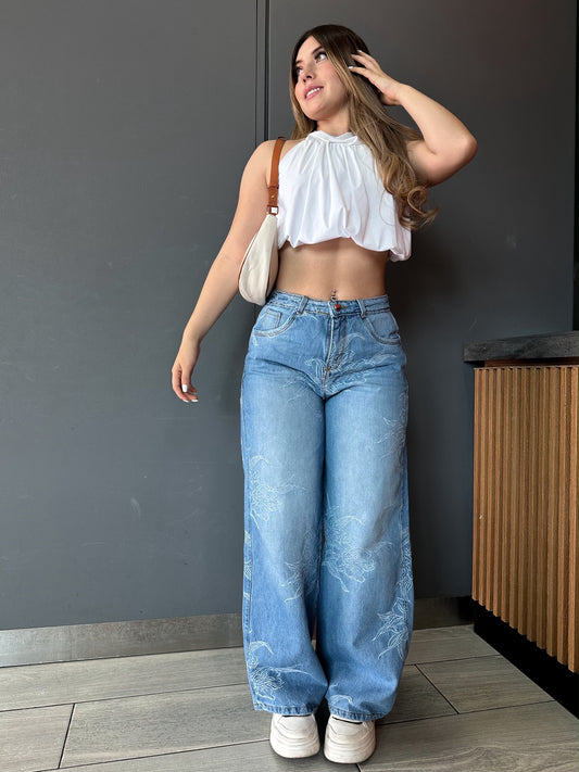 Jean wide leg mujer tela bordada