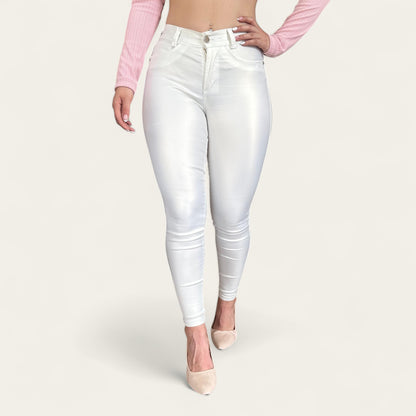 Pantalón skinny Mujer efecto cuero tiro alto tono blanco tornasol