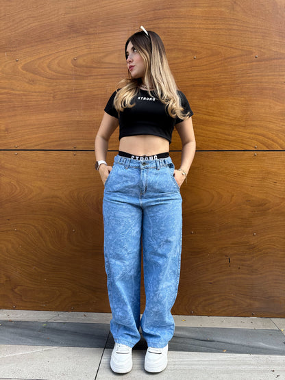 Jean baggy mujer estampado tono azul claro