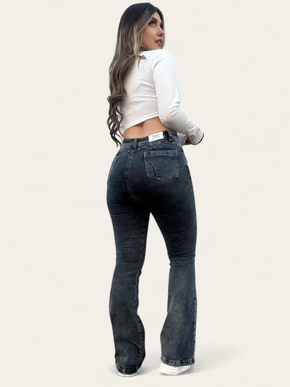 Jean flare mujer tono verdoso