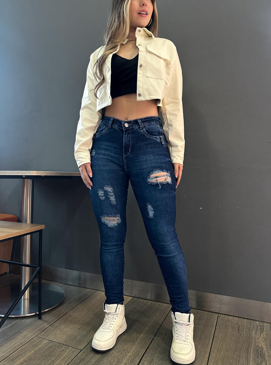 Jean skinny mujer tiro alto levanta cola tono azul oscuro con rotos