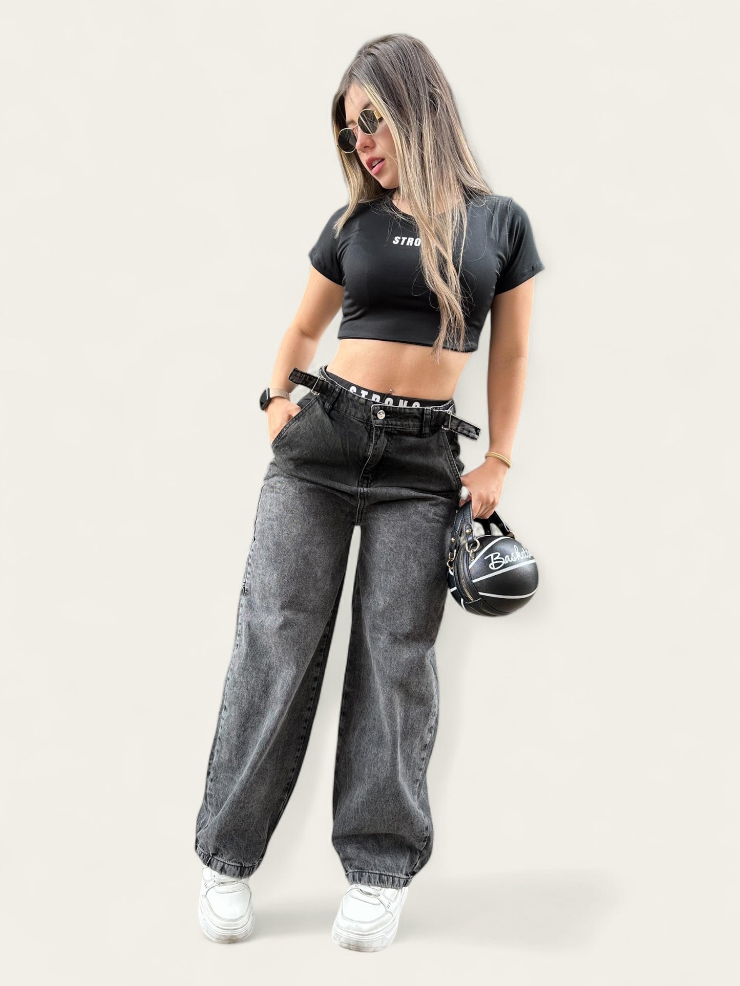 Jean baggy con ajuste de cintura tono gris