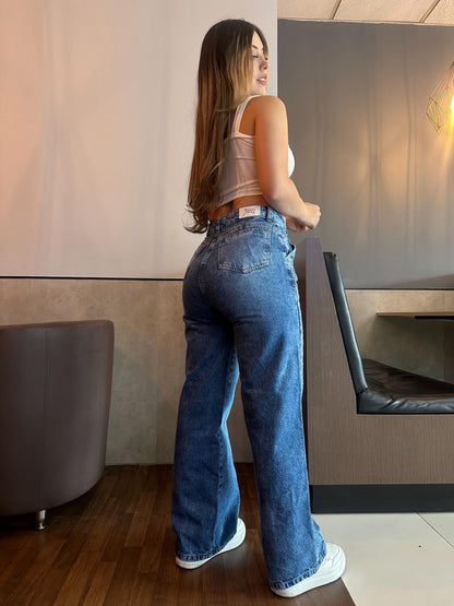 Jean wide leg azul brillos lateral