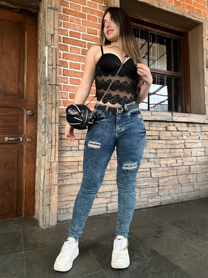 Jean skinny mujer tiro alto levanta cola tono azul con rotos