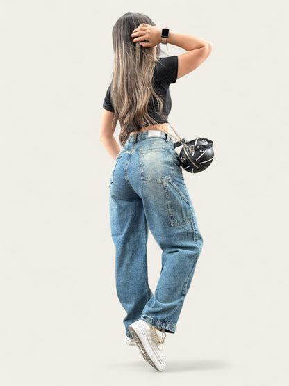 Jean baggy con ajuste de cintura tono verdoso