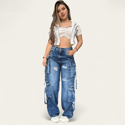 Jean cargo mujer tono azul medio