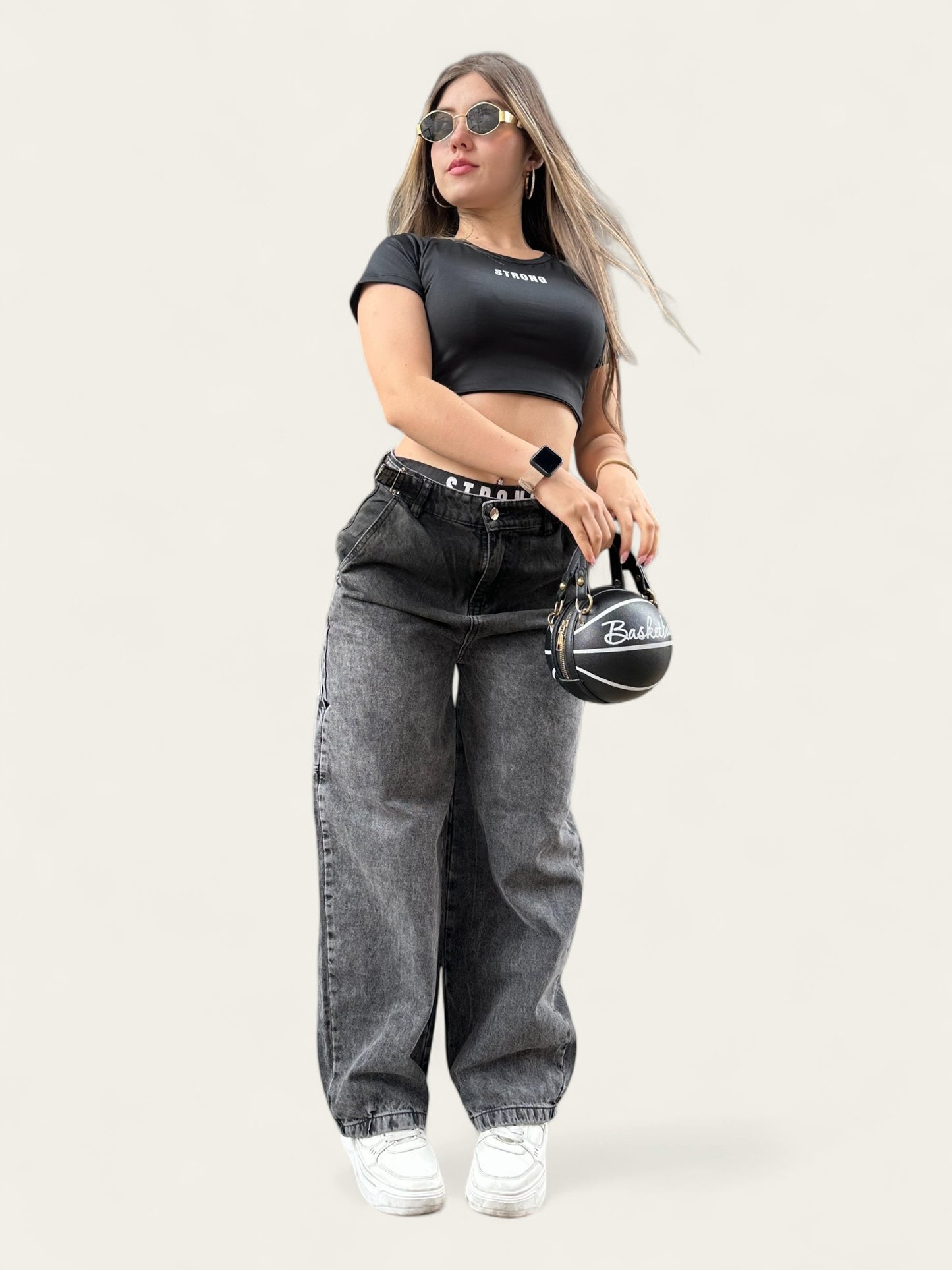 Jean baggy con ajuste de cintura tono gris