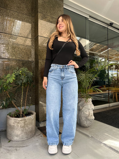 Jean wide leg mujer ajuste cintura tono azul claro