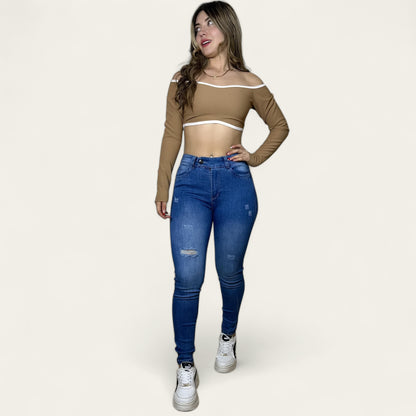 Jean Skinny Mujer stretch tiro alto levanta cola Azul medio detalle botón