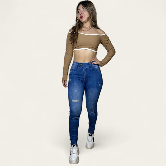 Jean Skinny Mujer stretch tiro alto levanta cola Azul medio detalle botón