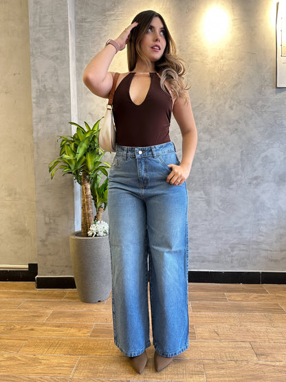 Jean wide leg mujer tela bordada diseño líneas