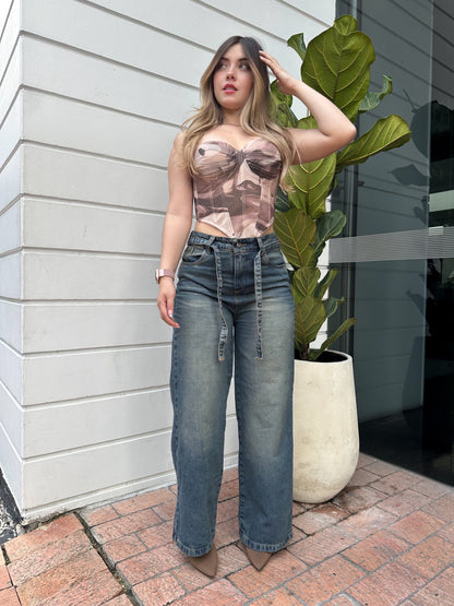 Jean wide leg mujer con correa tono verdoso
