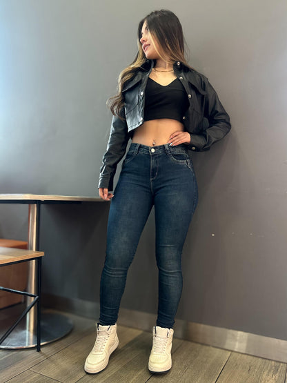 Jean skinny mujer tiro alto levanta cola tono azul verdoso