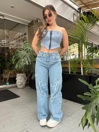 Jean wide leg tono azul claro