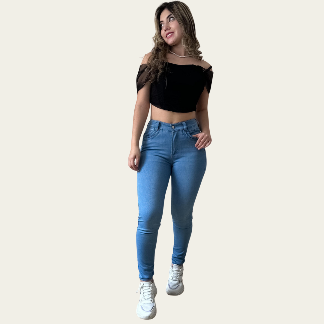 Jean Skinny Mujer stretch tiro alto clasico levanta cola Azul medio