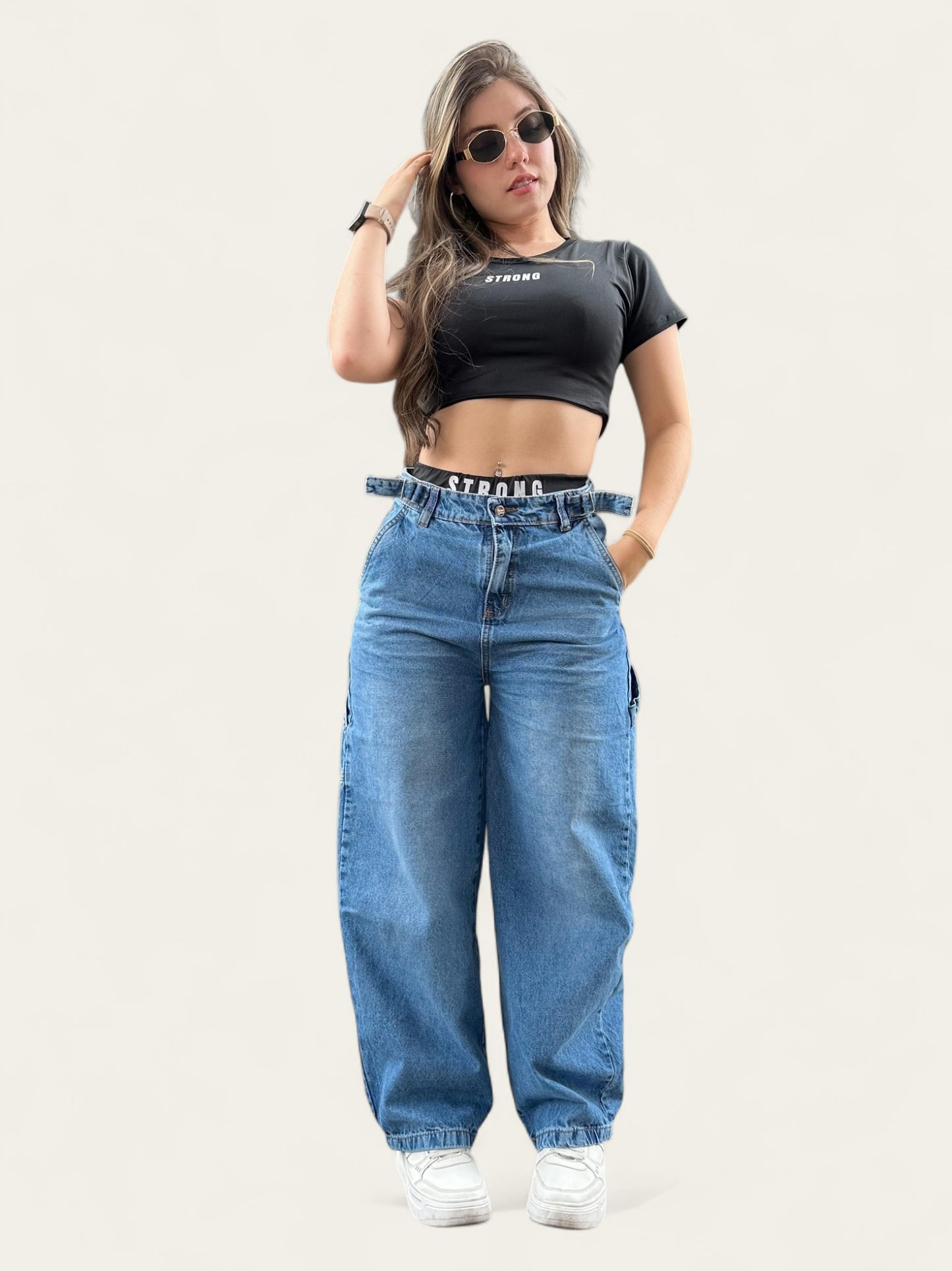 Jean baggy con ajuste de cintura tono azul