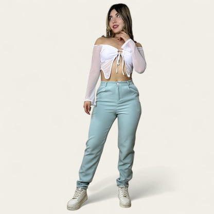 Pantalón liviano mujer tono verde menta línea lateral