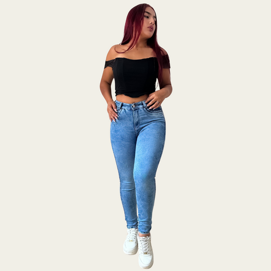 Jean Skinny Mujer stretch tiro alto clasico levanta cola Azul frosteado