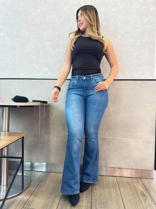 Jean Flare Mujer tiro alto levanta cola tono azul medio