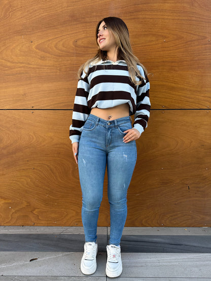 Jean skinny mujer tiro alto levanta cola azul claro