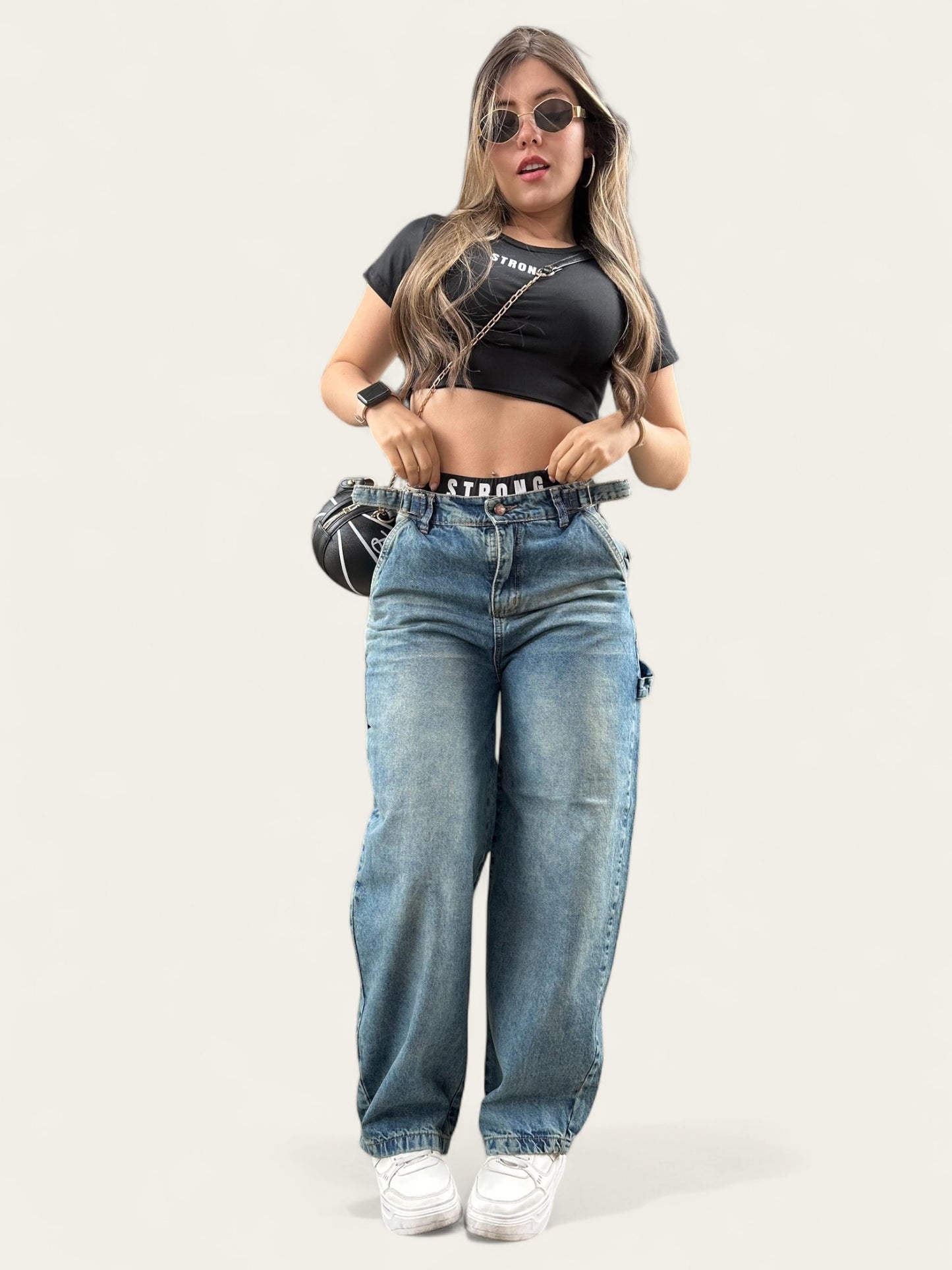 Jean baggy con ajuste de cintura tono verdoso
