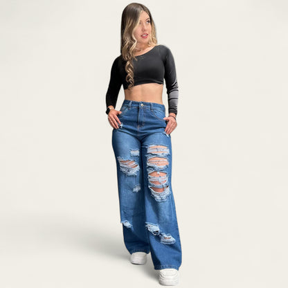 Jean wide leg mujer azul con rotos
