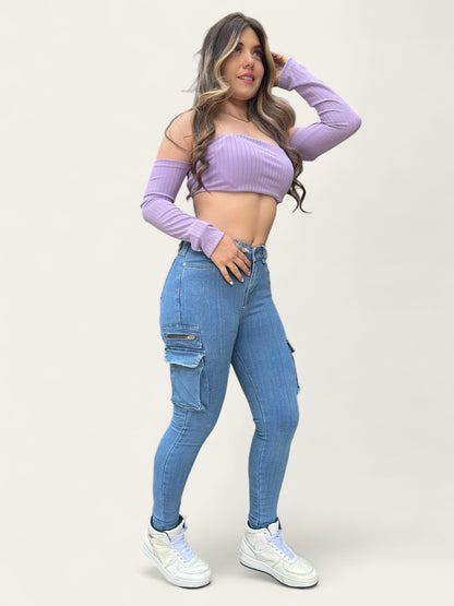 Jean skinny mujer tiro alto cargo tono claro