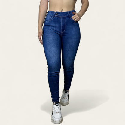 Jean Skinny Mujer stretch tiro alto levanta cola Azul oscuro detalle botón