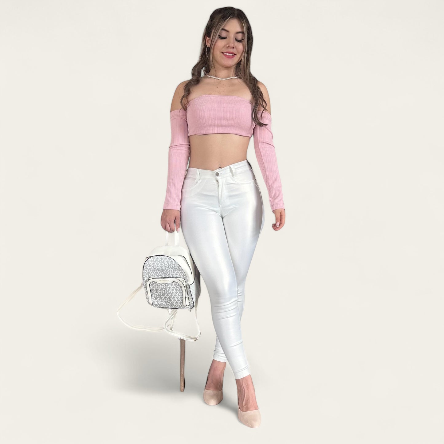 Pantalón skinny Mujer efecto cuero tiro alto tono blanco tornasol