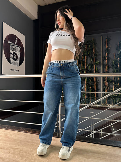 Jean baggy con ajuste de cintura tono azul