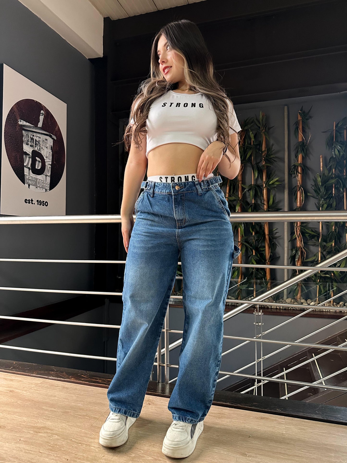 Jean baggy con ajuste de cintura tono azul