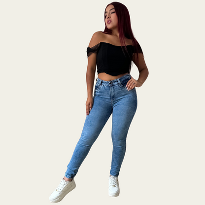 Jean Skinny Mujer stretch tiro alto clasico levanta cola Azul frosteado