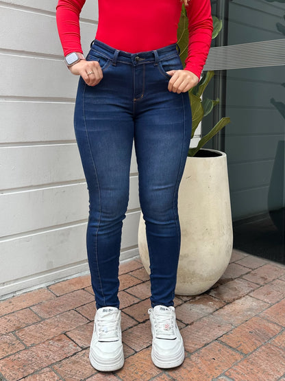 Jean skinny mujer doble costura tiro alto levanta cola azul oscuro