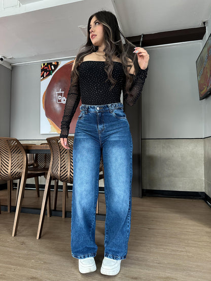 Jean wide leg mujer ajuste cintura azul medio
